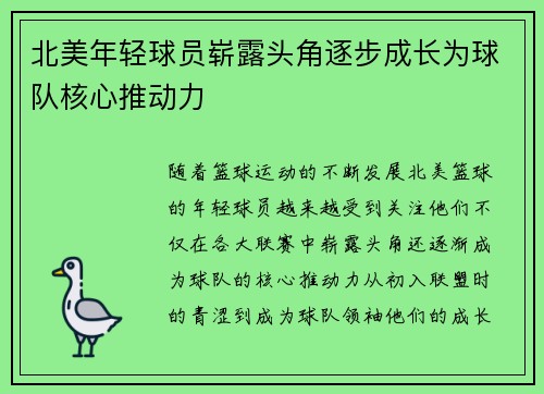 北美年轻球员崭露头角逐步成长为球队核心推动力