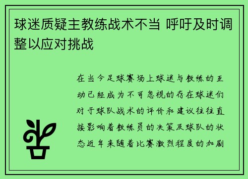 球迷质疑主教练战术不当 呼吁及时调整以应对挑战